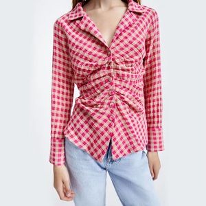 ZARA | Ruched Button-Up Plaid Shirt | Pink & Cream | Size Large | NWT